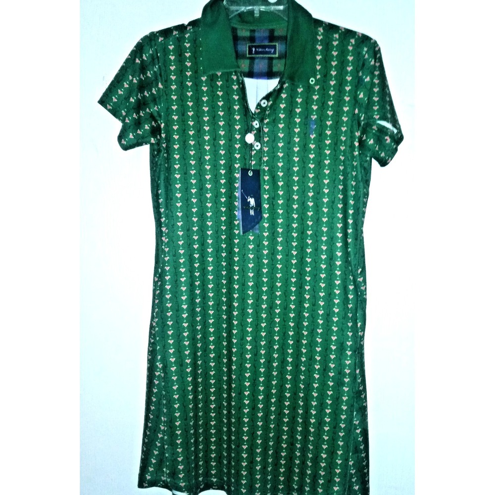 William Murray Polo Dress S  Pockets Green Pink  Martini Glasses Cocktails s/s